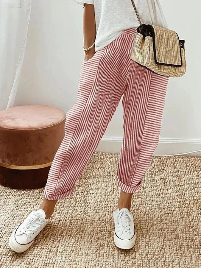 Women's casual striped trousers. Relaxed fit pants, super comfortable with an elastic waist for daily wear.