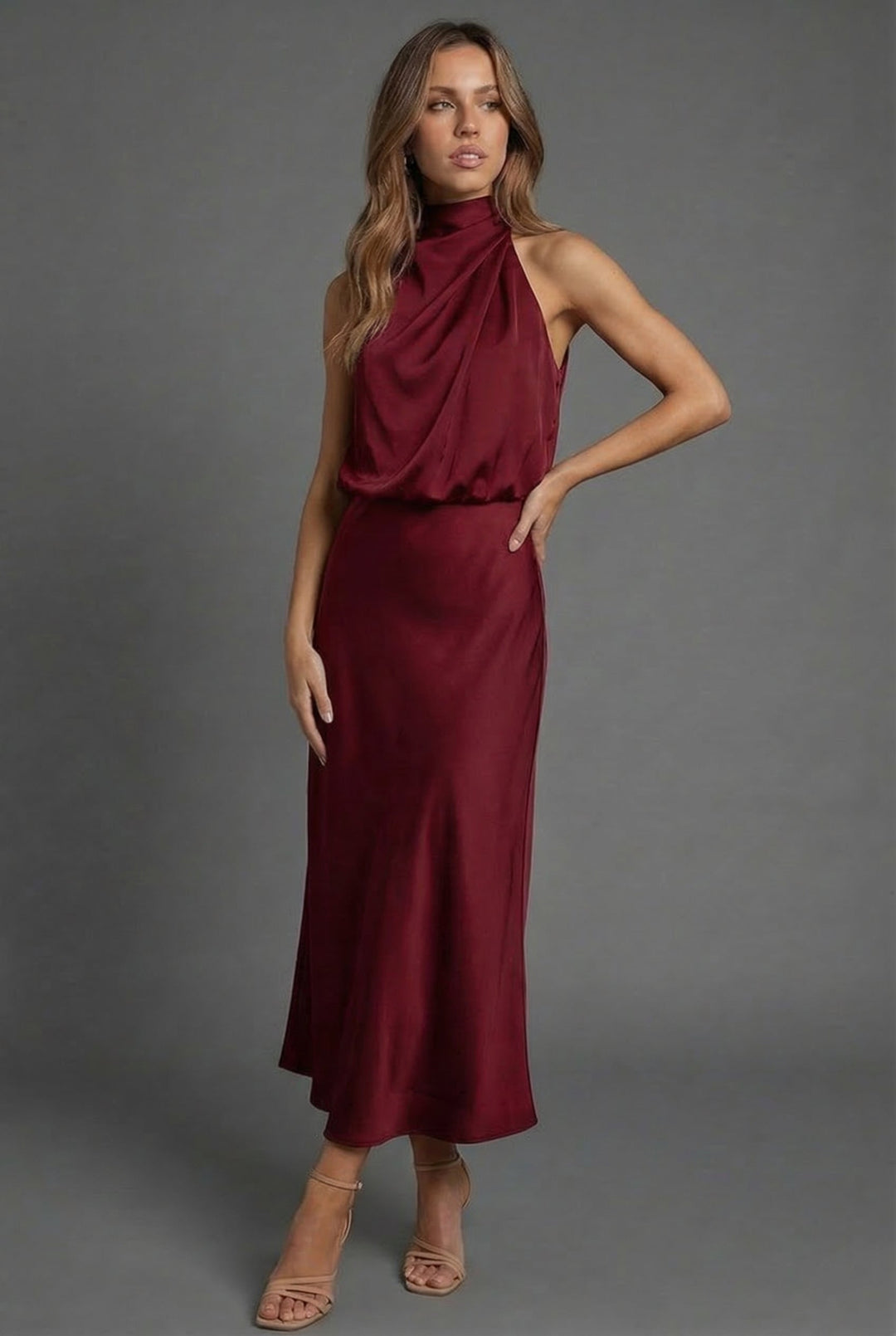 Occasion wear halter midi dress for women, ideal for summer weddings & parties.