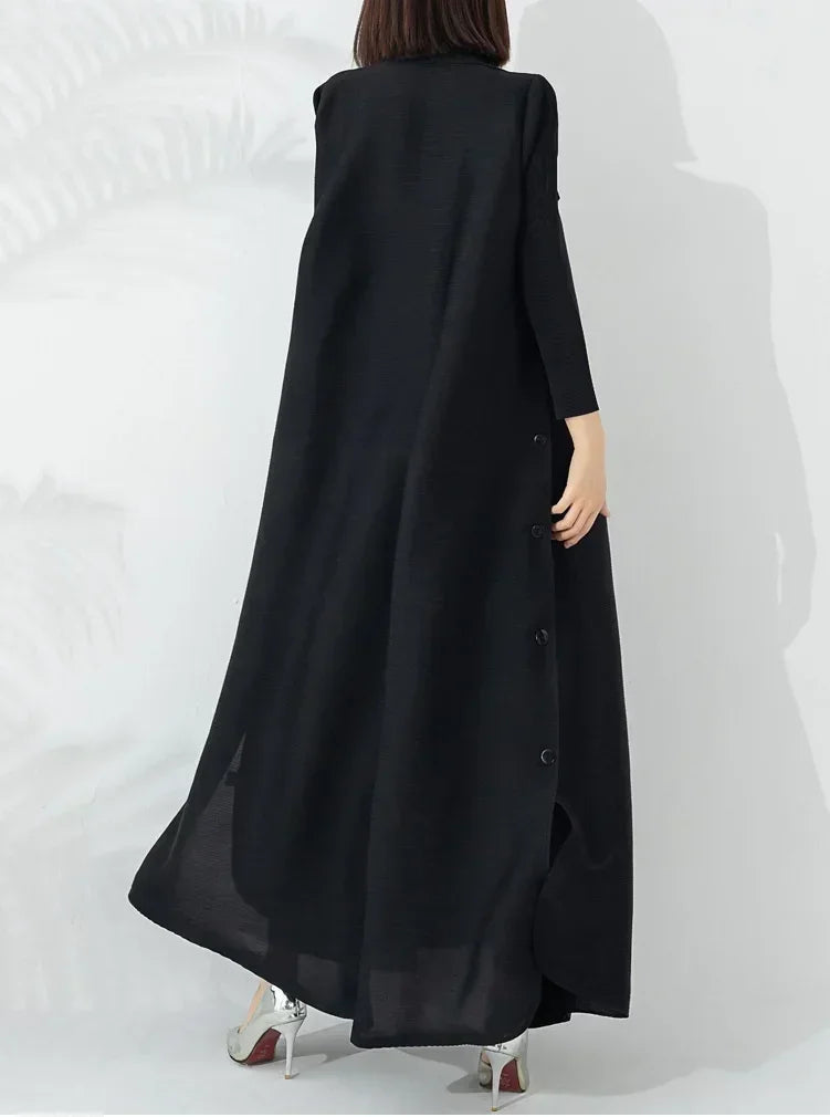 Women's long A-line outerwear coat with a stylish belted silhouette & modern funnel neck for winter.