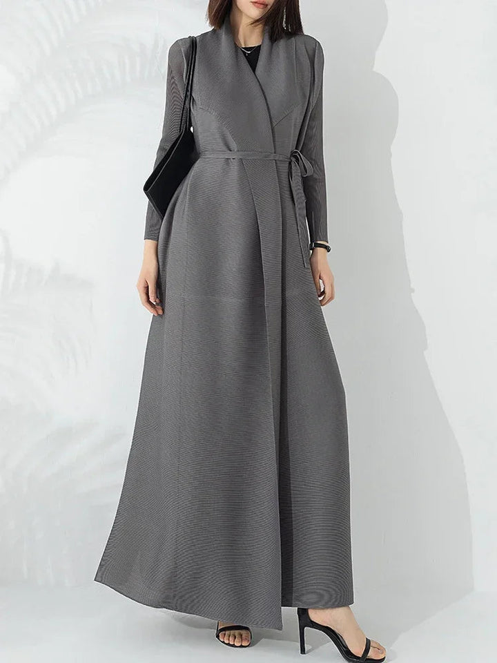 Women's elegant A-line coat with belted waist & chic funnel neck. Perfect long fall/winter outerwear.