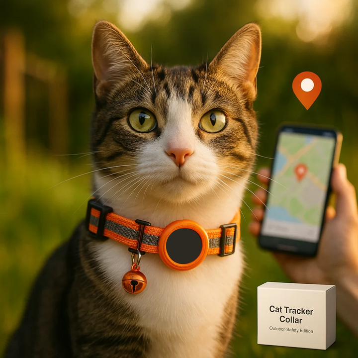 "Reflective cat GPS tracker collar with quick release, enhances safety and visibility for your pet's outdoor adventures."