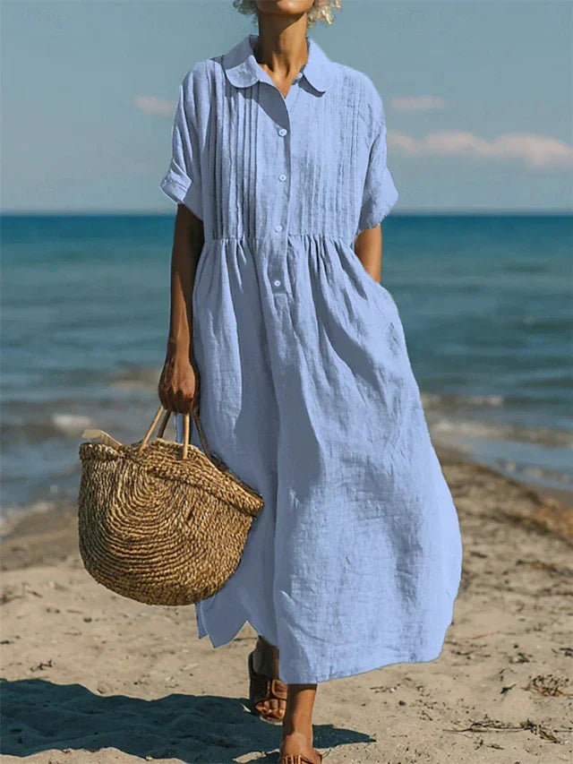 Elegant women's pintuck maxi shirt dress, perfect for smart casual events or versatile weekend fashion.