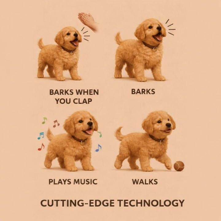 Child laughing while interacting with a responsive robot puppy, demonstrating realistic movements & fun.