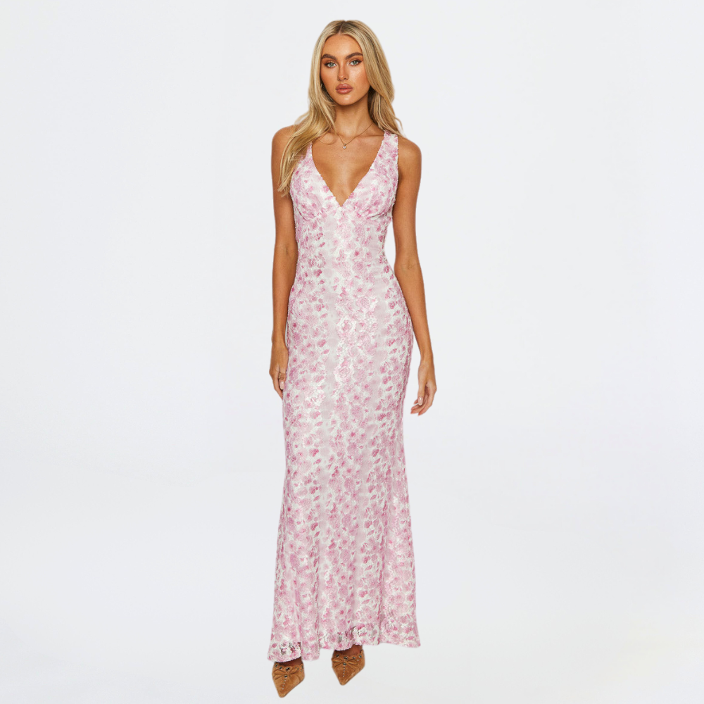 Elegant women's pink floral sleeveless V-neck maxi dress, perfect for weddings & special occasions.