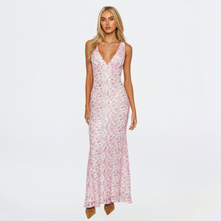 Elegant women's pink floral sleeveless V-neck maxi dress, perfect for weddings & special occasions.