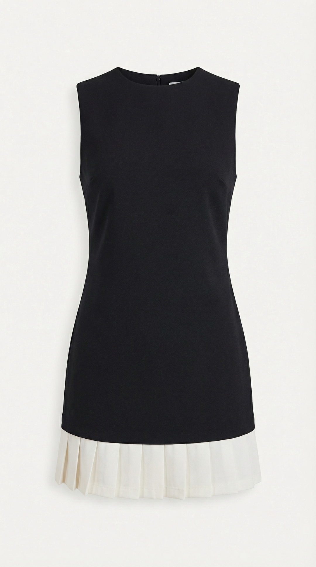 Stylish women's black and white sleeveless midi dress with elegant pleats, ideal for office or special occasions.