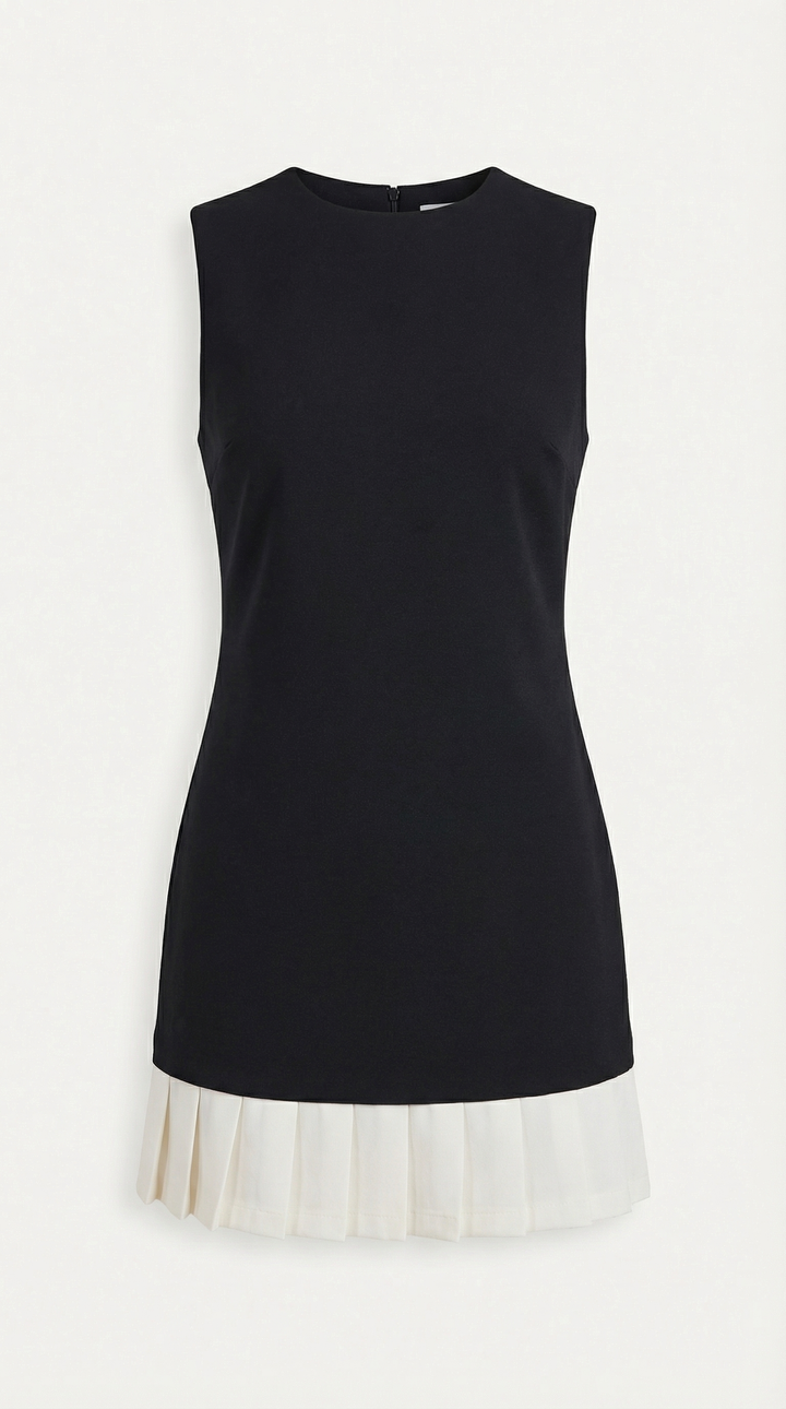 Stylish women's black and white sleeveless midi dress with elegant pleats, ideal for office or special occasions.