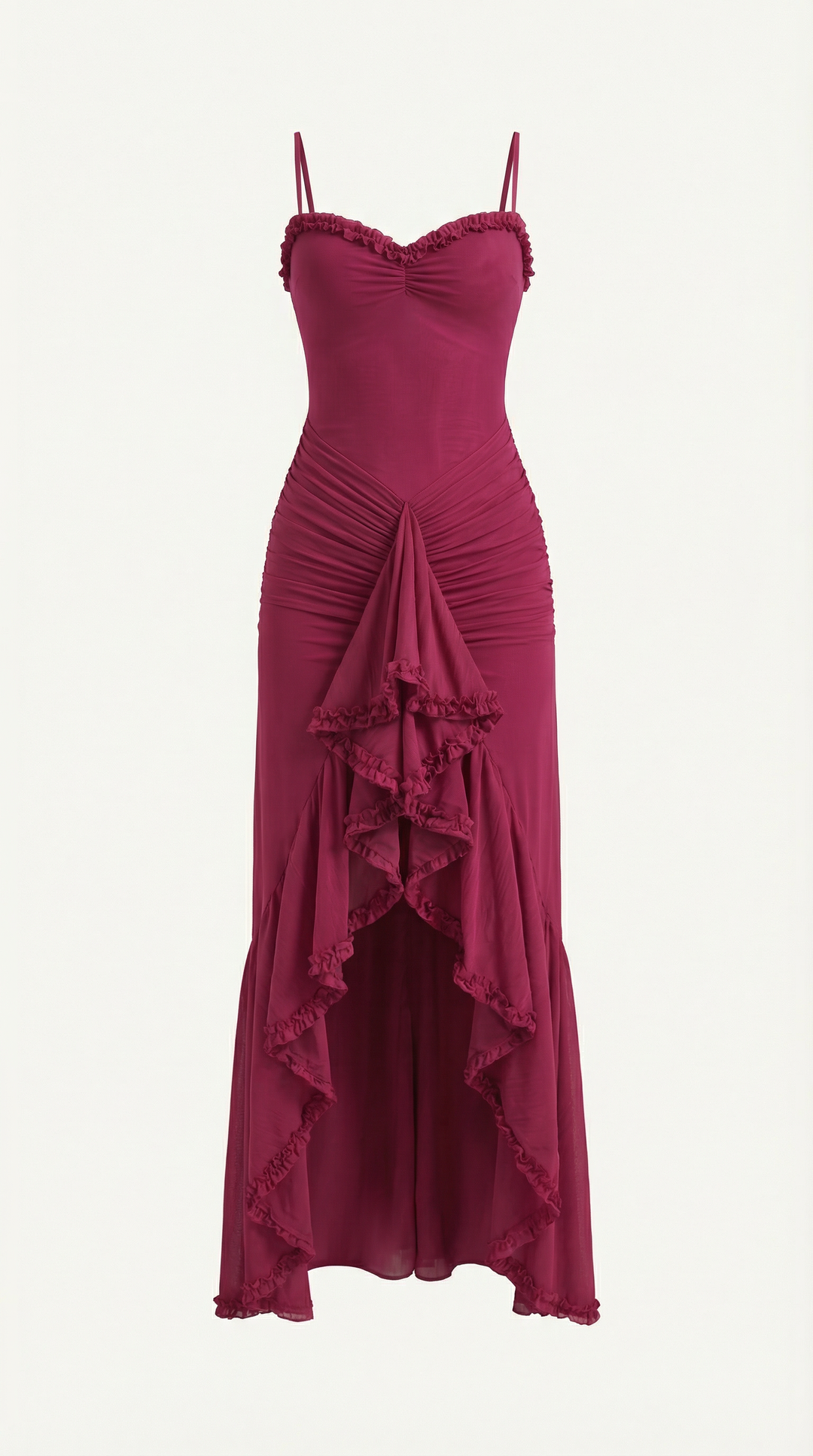 Stunning high-low maxi dress, romantic ruffles, ideal for women's parties and gatherings.