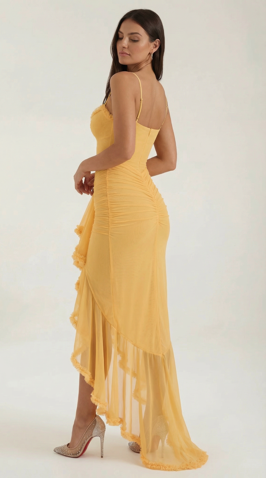 Party-ready women's high-low maxi dress, romantic ruffles, great for summer fashion.