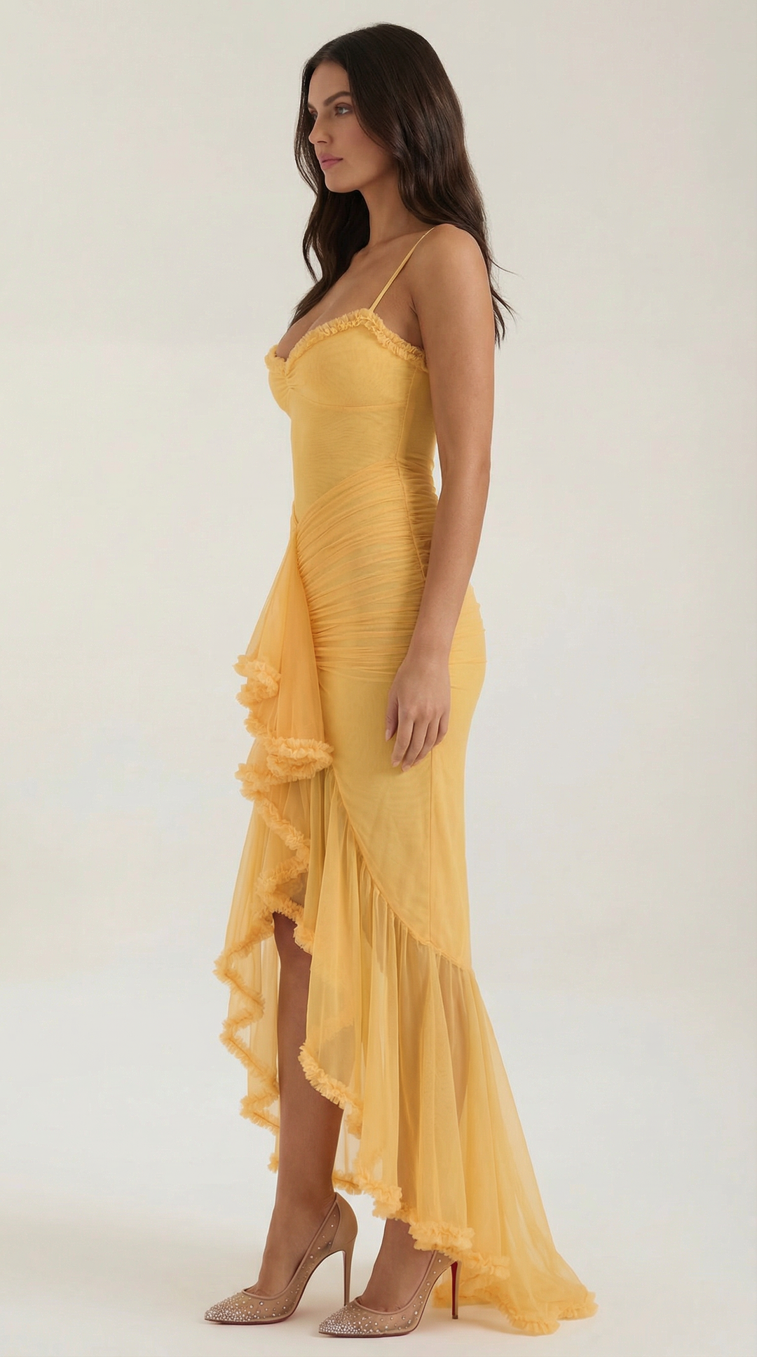 Stylish women's high-low maxi dress with romantic ruffle design, perfect for parties.