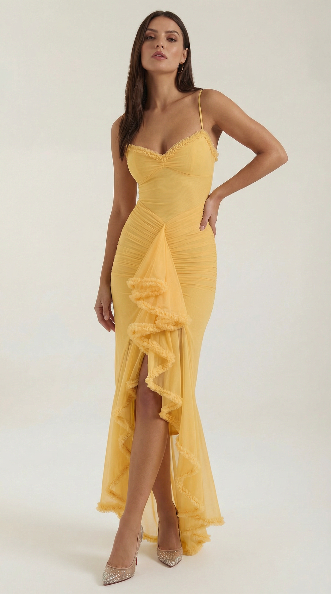 Women's formal high-low maxi dress, elegant ruffles, ideal for special occasions.