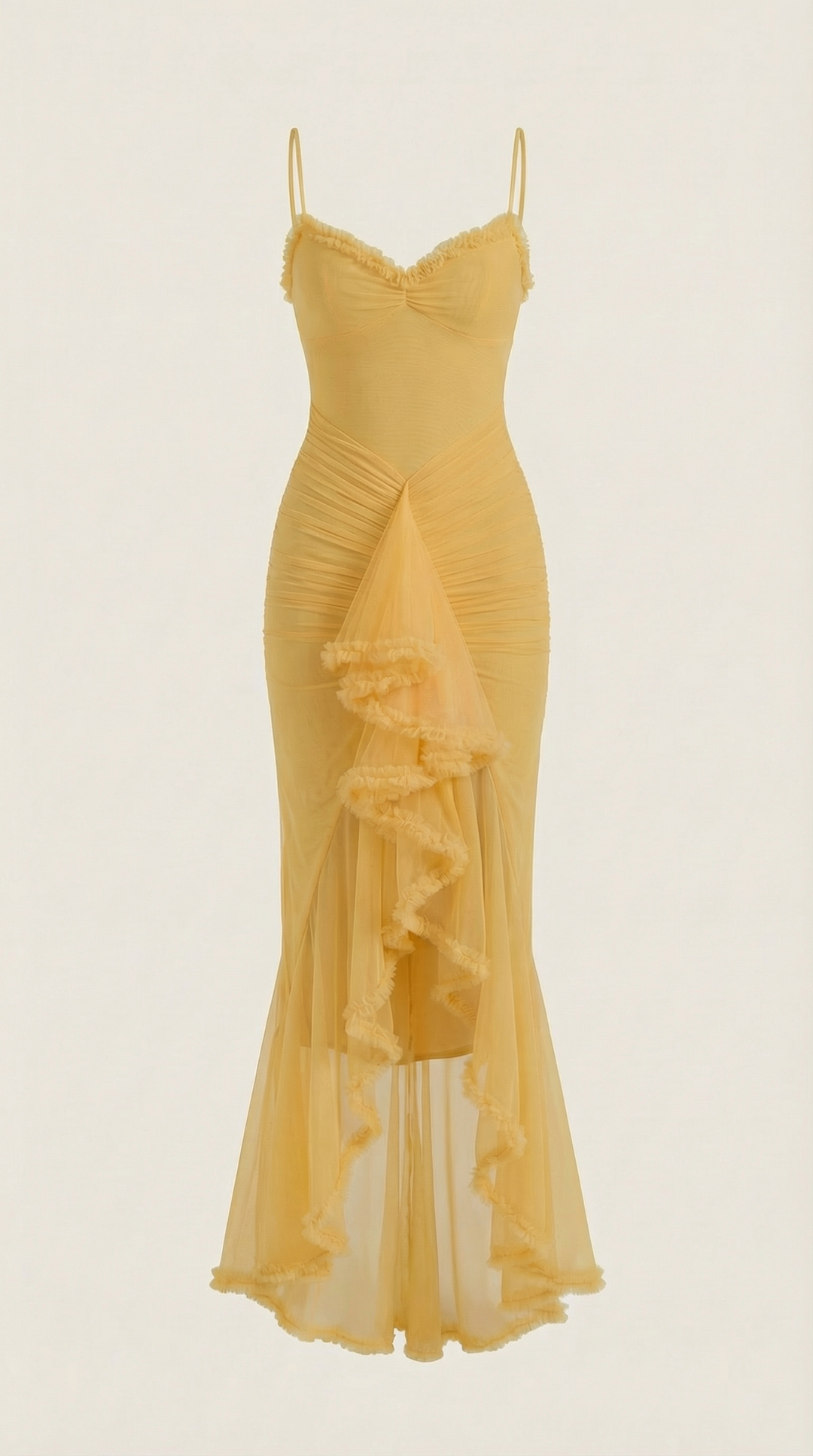 Elegant women's ruffle maxi dress, high-low hem, perfect for formal events.