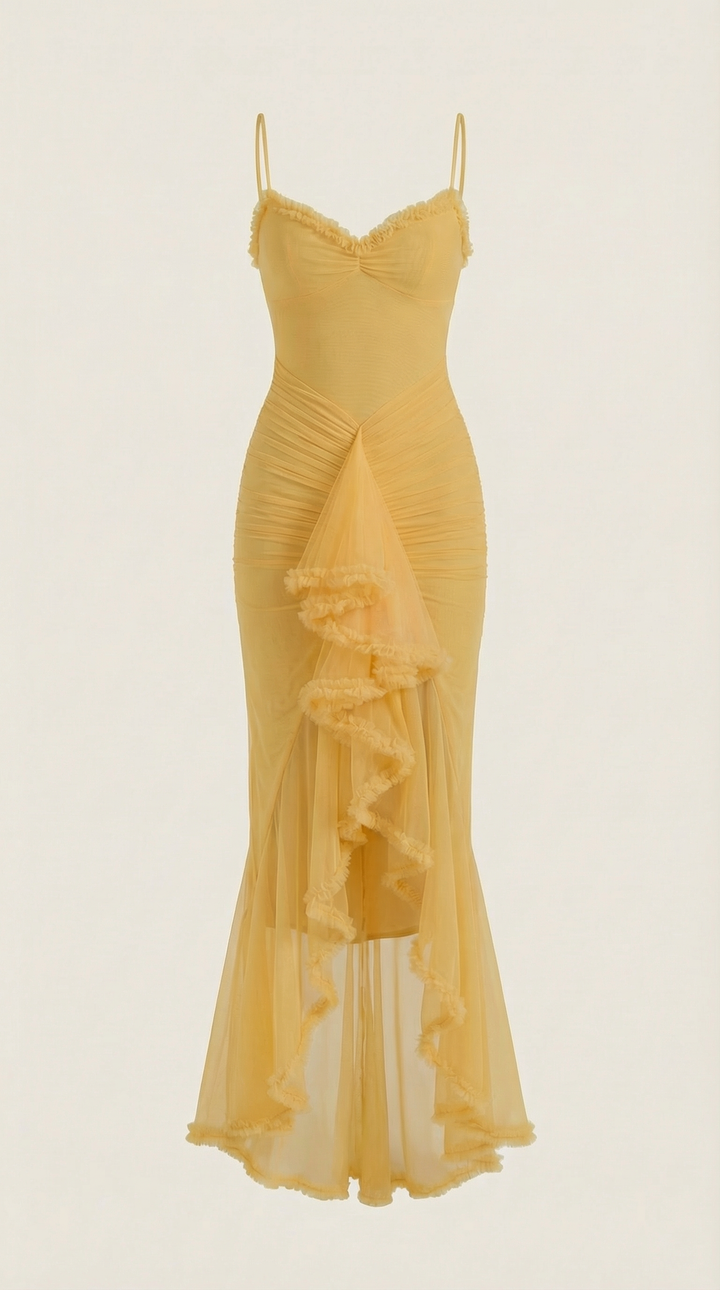 Elegant women's ruffle maxi dress, high-low hem, perfect for formal events.