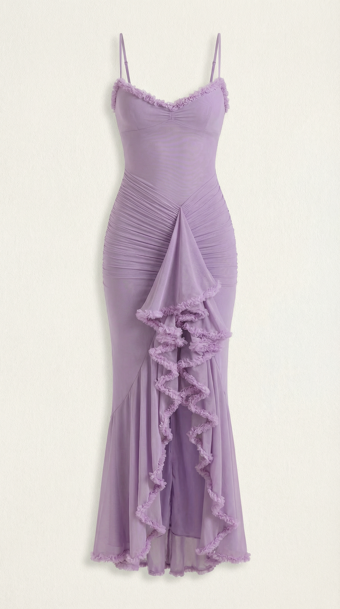 Formal high-low maxi dress, women's elegant romantic ruffle detailing, luxurious feel.