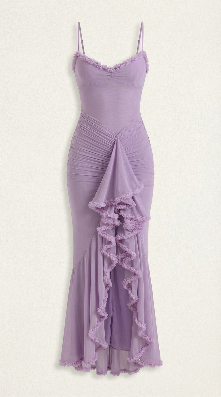 Formal high-low maxi dress, women's elegant romantic ruffle detailing, luxurious feel.