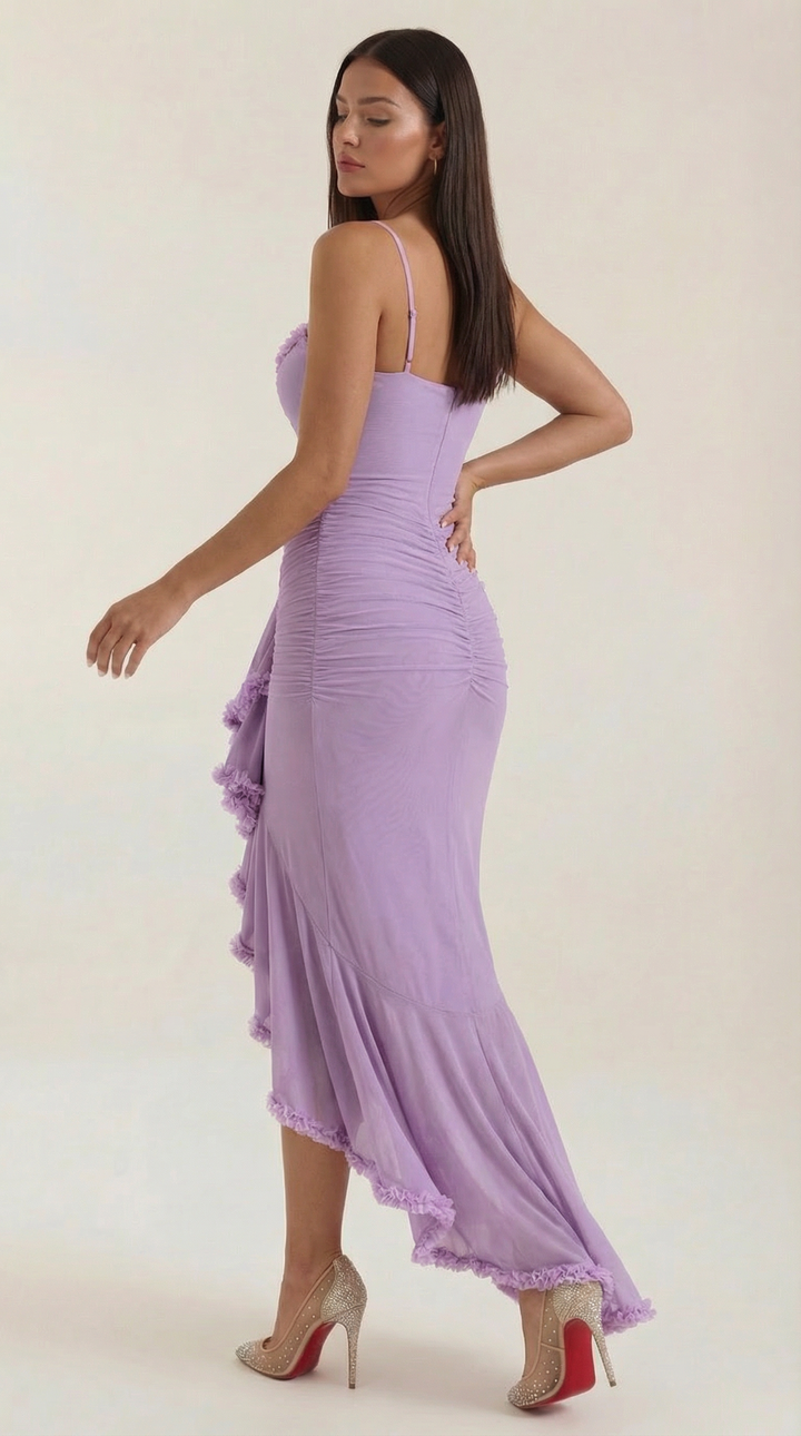 Elegant women's high-low maxi, stunning romantic ruffle design, modern and chic.