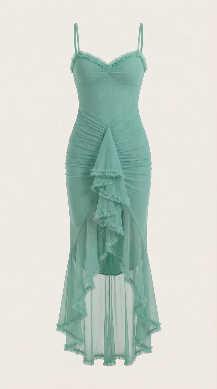 Party dress: women's elegant high-low maxi with romantic ruffles, a festive look.