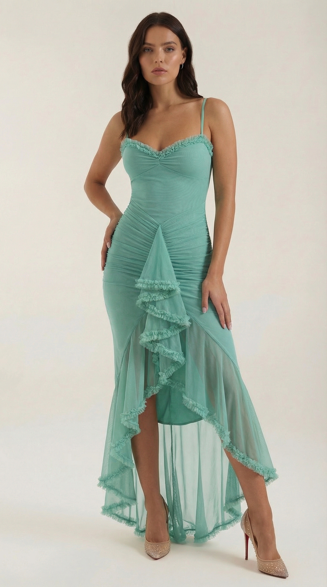 Elegant women's high-low maxi, romantic ruffle detailing, perfect for summer events.