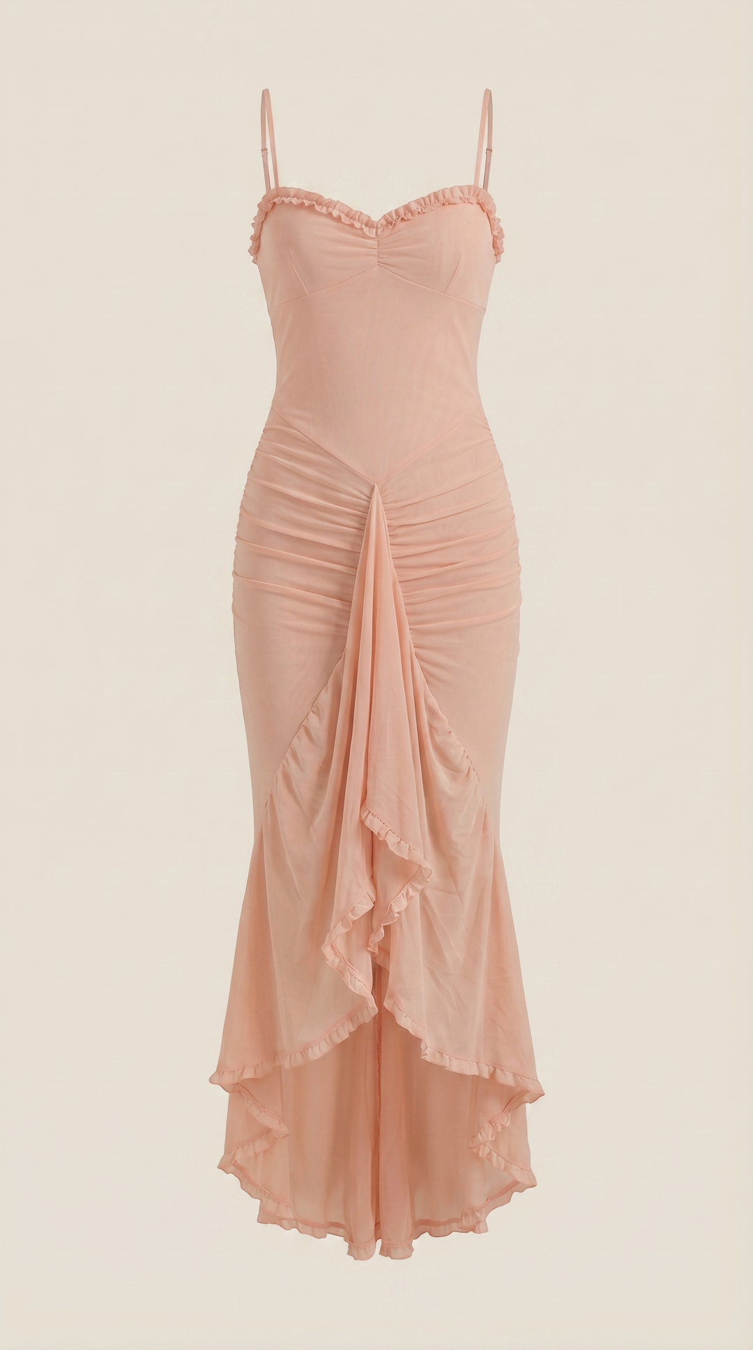 Stylish women's high-low formal dress, elegant ruffles, sleeveless, sophisticated choice.