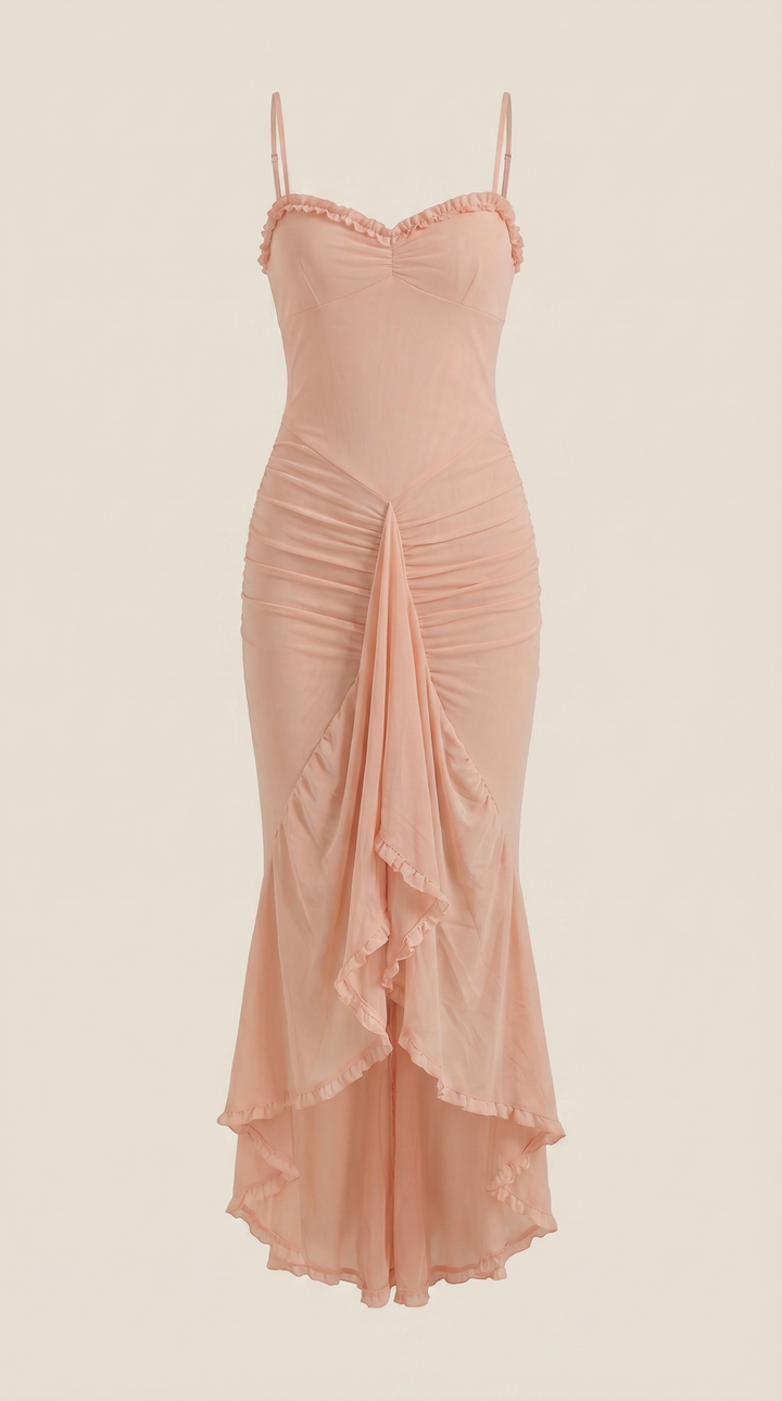 Stylish women's high-low formal dress, elegant ruffles, sleeveless, sophisticated choice.