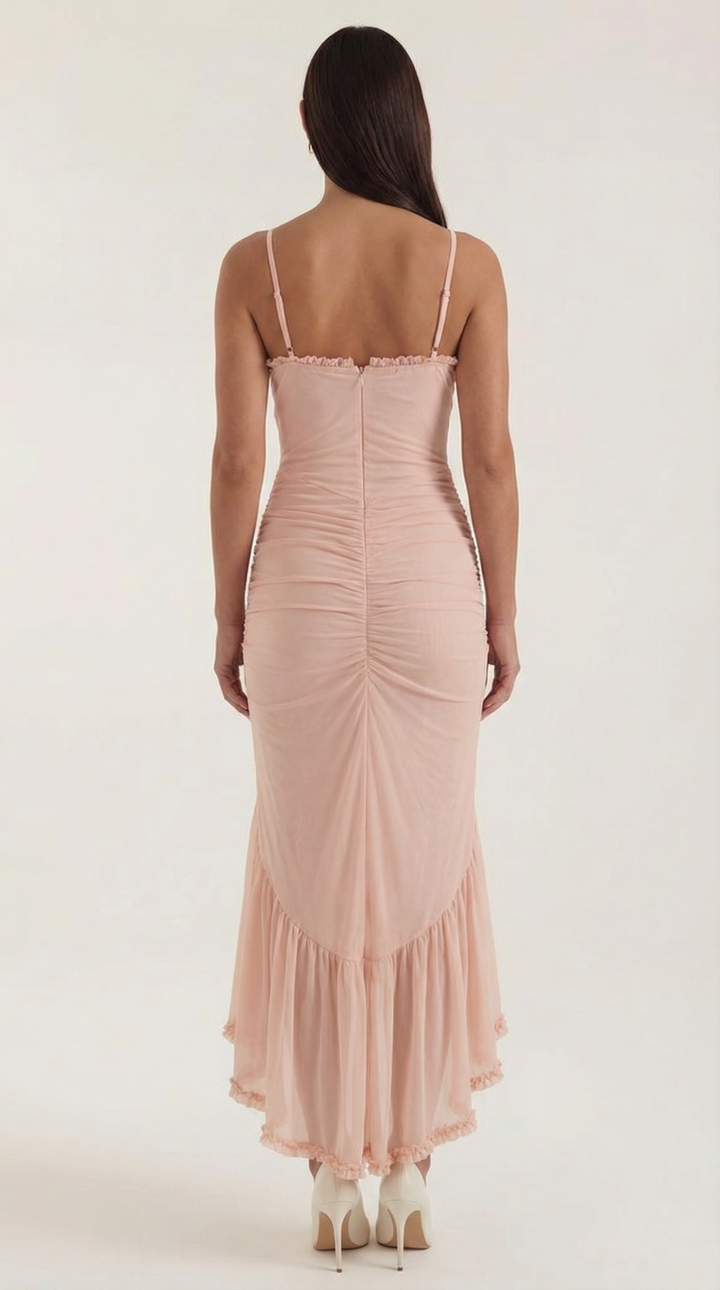 Romantic ruffle high-low maxi dress, women's party and evening wear, charming look.