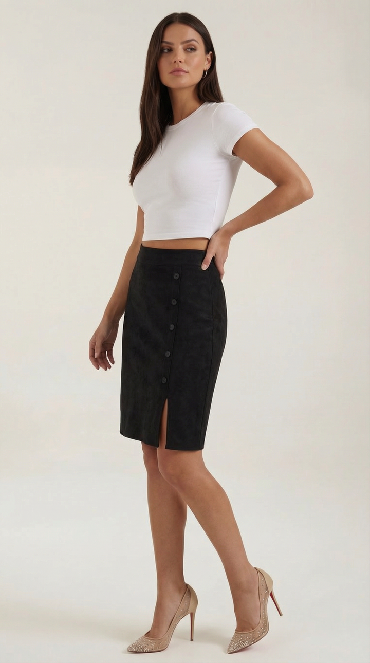 Everyday wear women's buttoned mini skirt; high-waisted and chic for modern fashion.