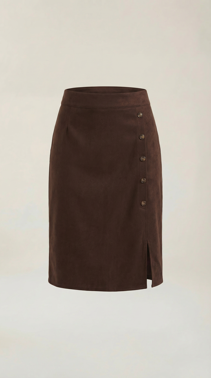Modern women's mini skirt, high-waisted with elegant buttons, ideal for versatile fashion statements.