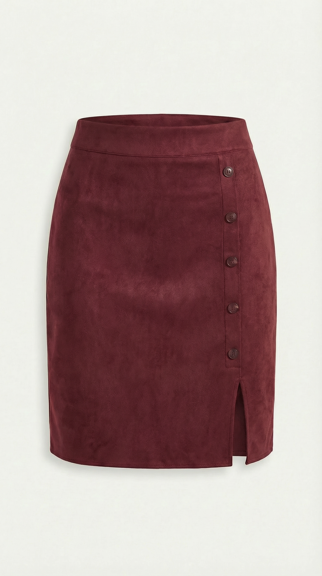 Stylish women's mini skirt with buttons, high-waisted design for elegant casual & smart casual fashion.