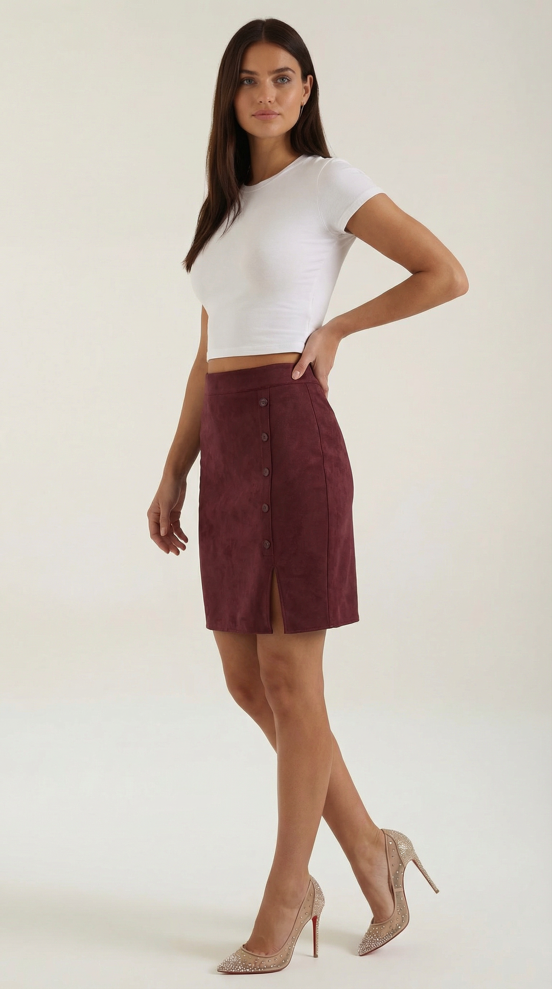Elegant women's Hope high-waisted mini skirt with stylish buttons, ideal for smart casual fashion.