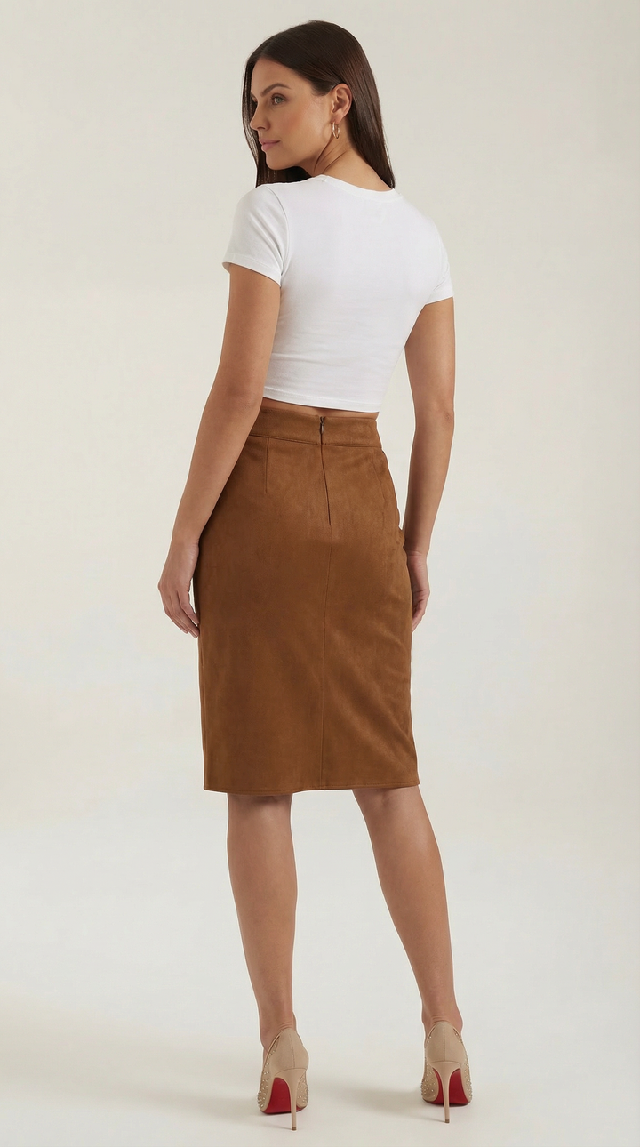 Stylish women's high-waisted mini skirt with decorative buttons, ideal for elegant party outfits.