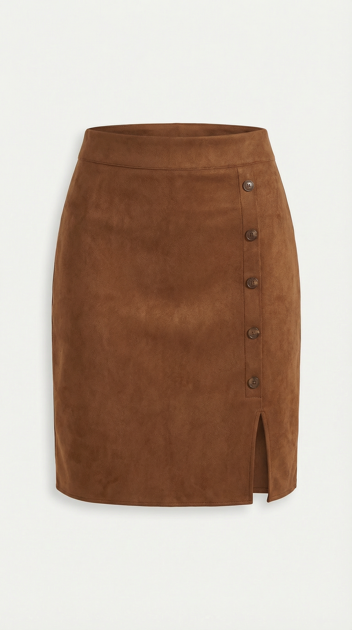 Fashionable women's mini skirt: high-waisted, button-front, suitable for casual & smart casual styles.