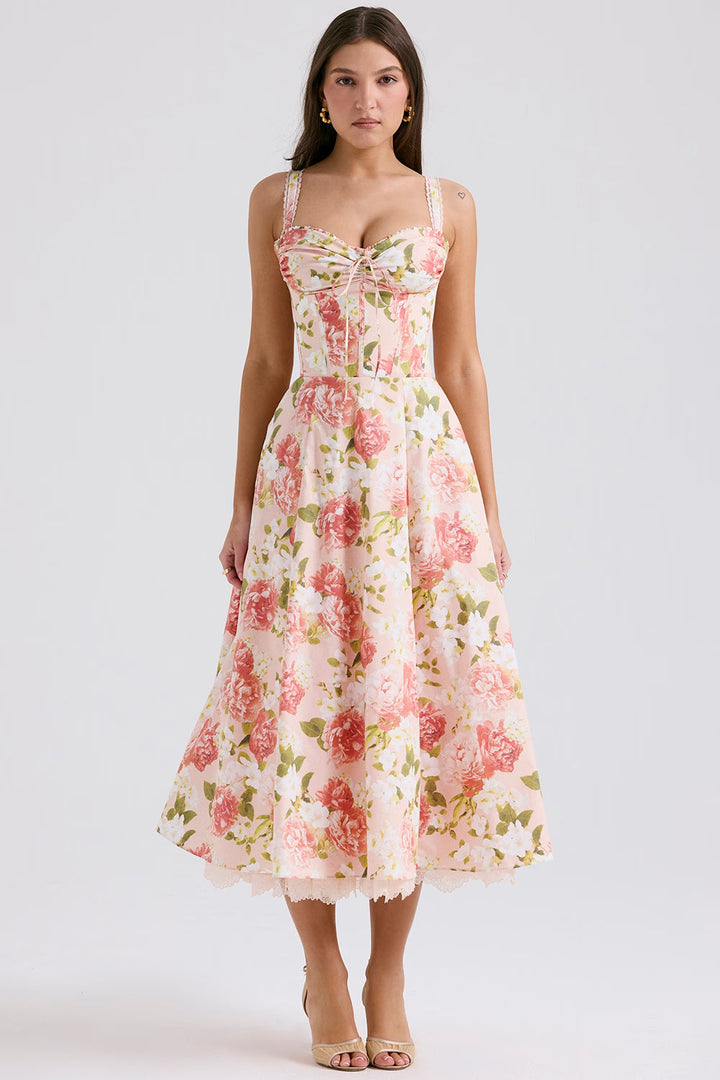 Women's elegant floral corset midi dress, perfect for summer garden parties & special occasions. Feminine style.