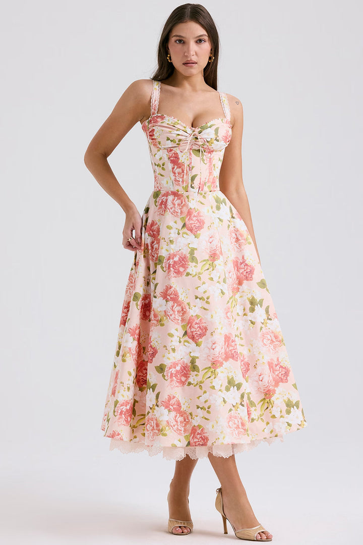 Chic women's floral corset midi dress. Elegant summer style for garden parties, romantic outings & spring events.