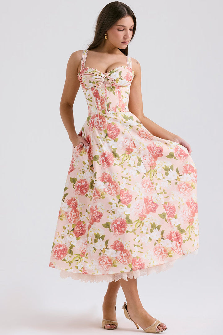 Romantic women's floral midi dress with corset bodice. Ideal elegant summer party or spring fashion special occasion.