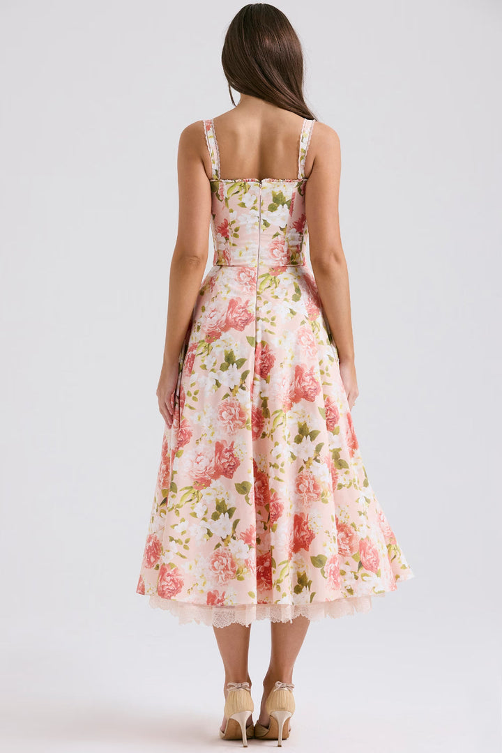 Feminine women's floral midi dress featuring a stylish corset. Perfect elegant summer dress for parties & events.