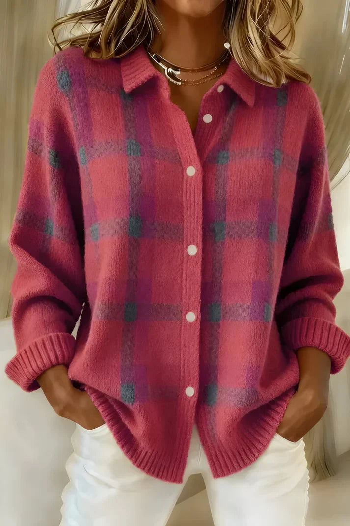 Cozy & elegant women's checkered cardigan. Comfortable long-sleeve, button-front top for casual chic style.