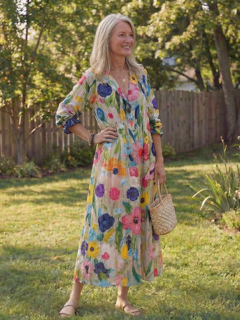 Women's Boho Midi Dress with button-front closure and vibrant floral print for a stylish summer look.