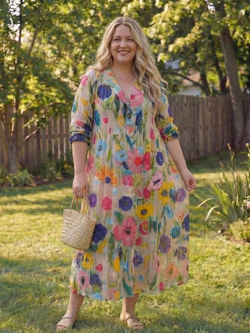Bohemian floral midi dress for women, perfect for summer beach vacations and casual elegant outings.