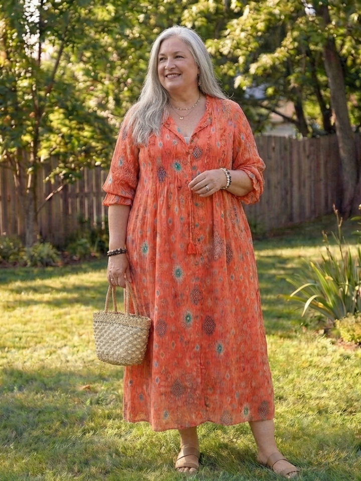 Elegant women's boho midi dress featuring a delicate floral print and functional button-front detail.