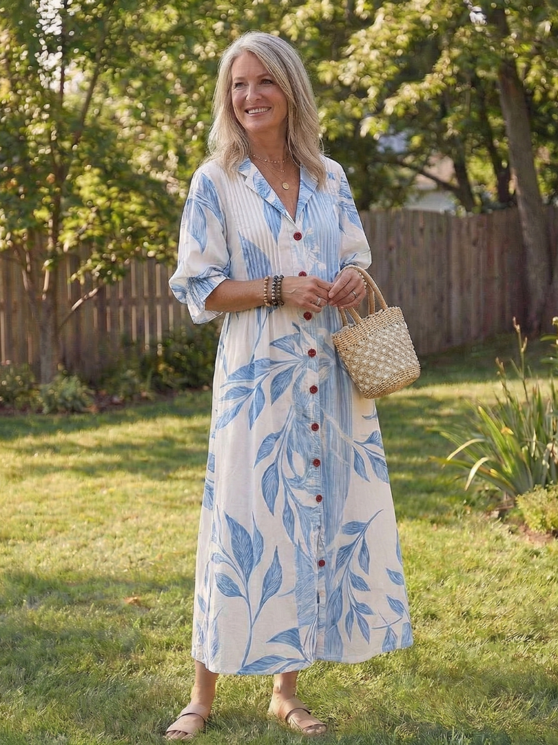Comfortable women's floral midi dress, a boho button-front sundress perfect for warm summer days.