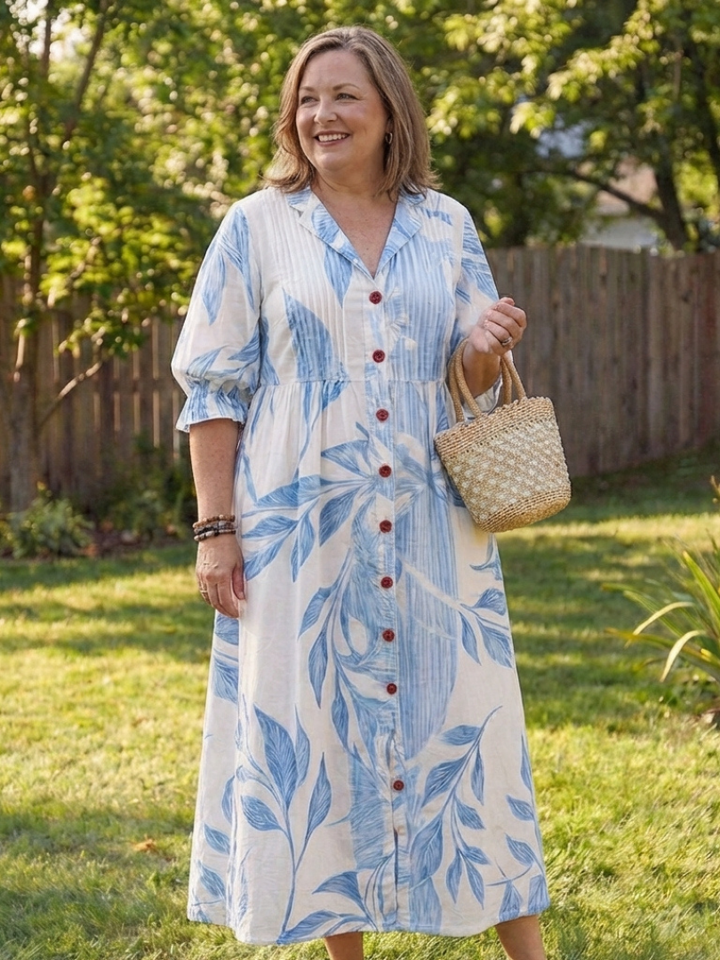 Stylish women's bohemian floral midi dress with button closure, great for vacation or everyday casual wear.