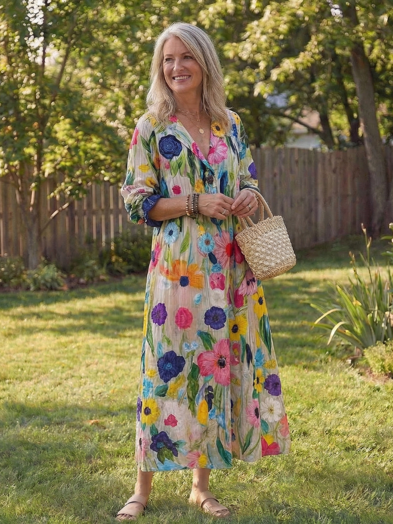 Casual women's button-front floral midi sundress, a perfect bohemian dress for summer and vacation.