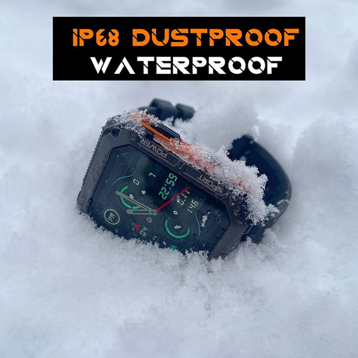 "Rugged men's smartwatch with black anodized stainless steel case and robust gorilla glass screen, ideal for extreme conditio