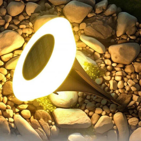 Eco-friendly solar garden stake light, wireless & automatic. IP65 weatherproof, rust-proof for sustainable outdoor decor.
