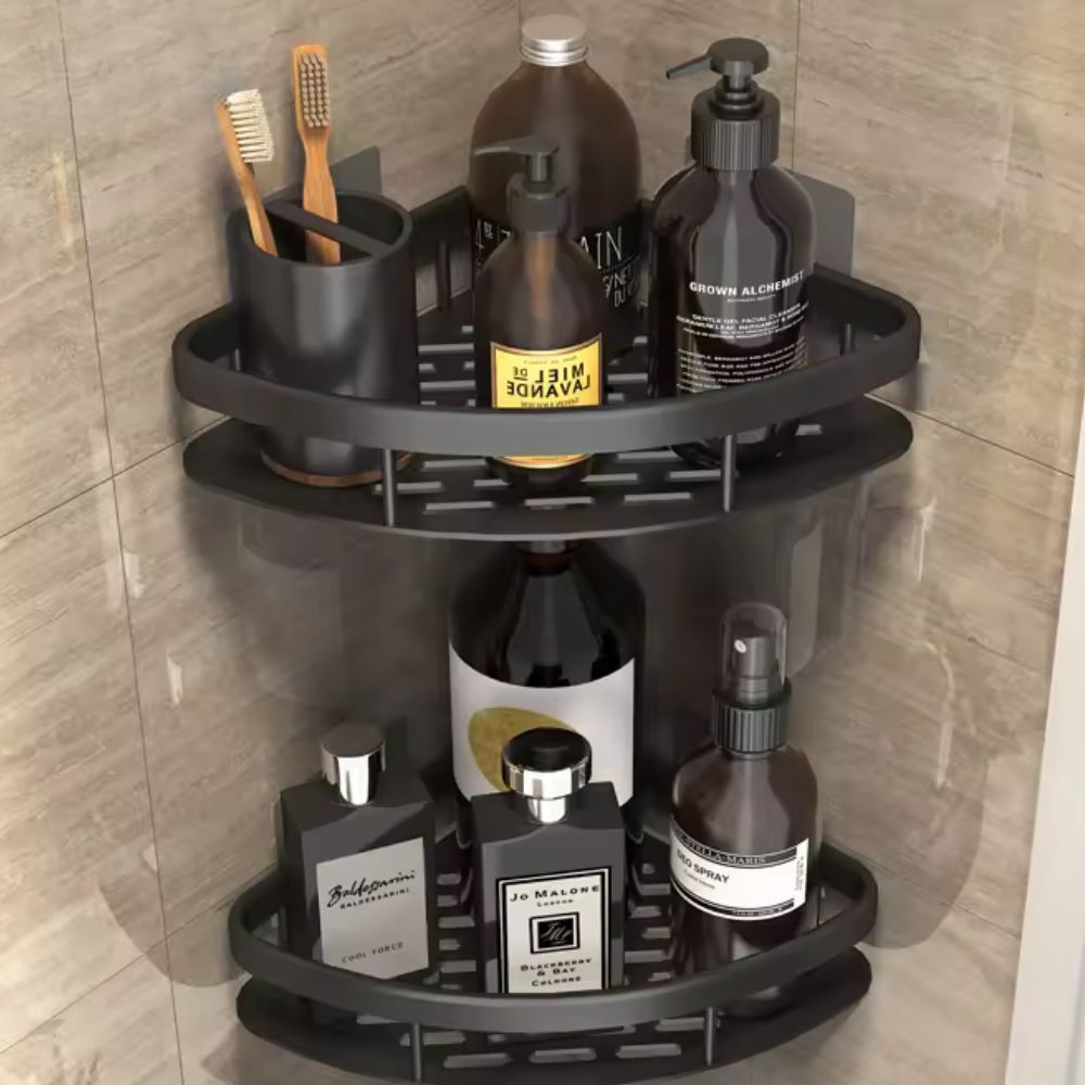 Rustproof wall-mounted shower caddy for bathroom organization. Durable aluminum shower shelf, easy to install.