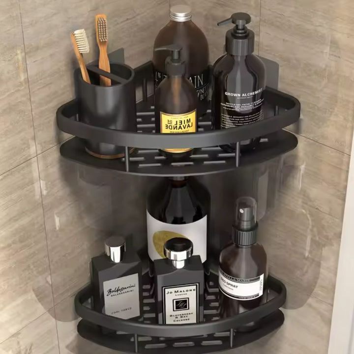 Rustproof wall-mounted shower caddy for bathroom organization. Durable aluminum shower shelf, easy to install.