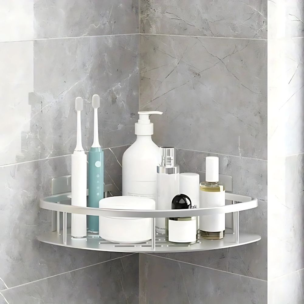 Sleek rustproof stainless steel shower caddy. Wall-mounted storage organizer for shampoo & bath accessories.