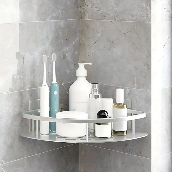 Sleek rustproof stainless steel shower caddy. Wall-mounted storage organizer for shampoo & bath accessories.