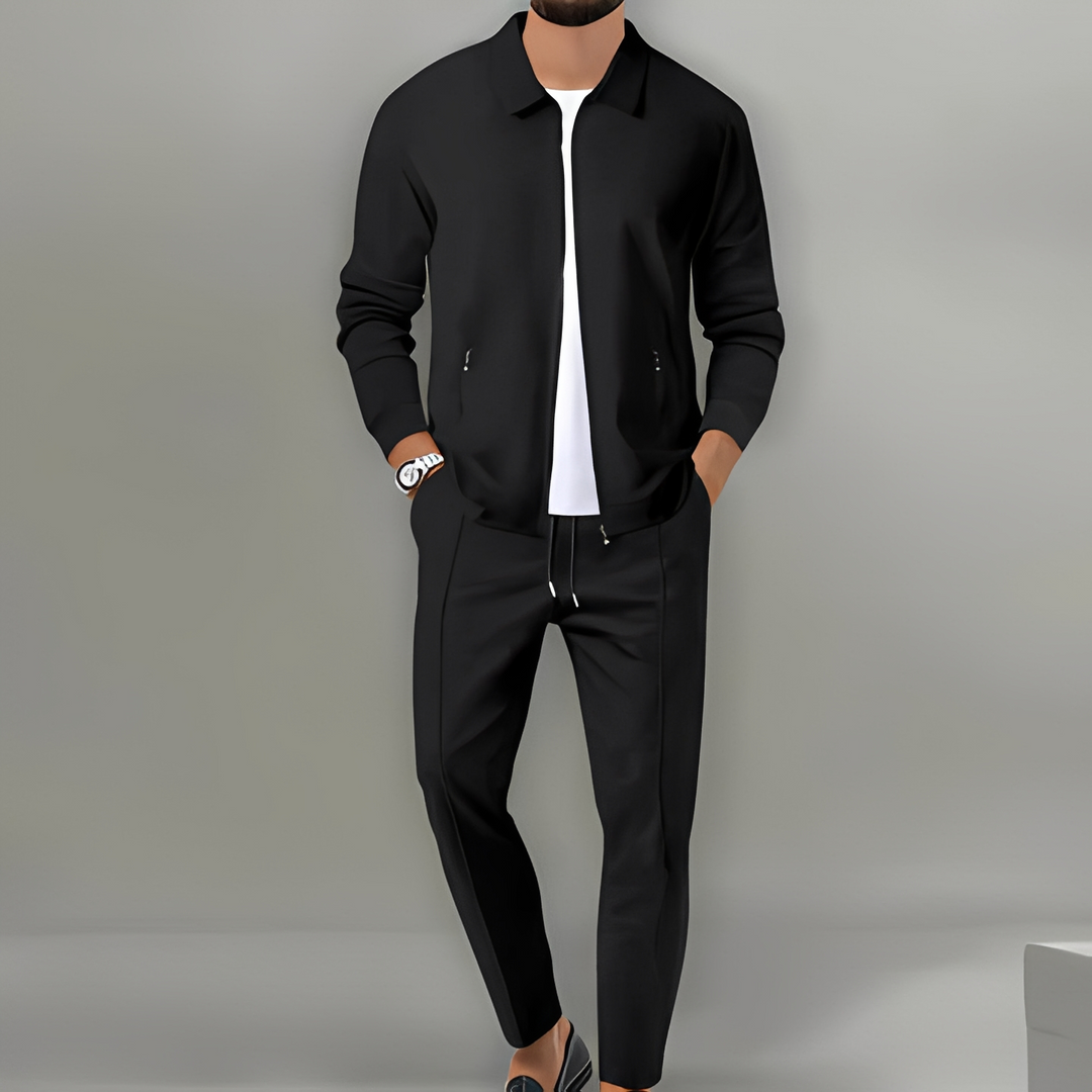 Versatile men's full zip jacket and tracksuit pants set. Great for gym, running, or relaxed casual wear.