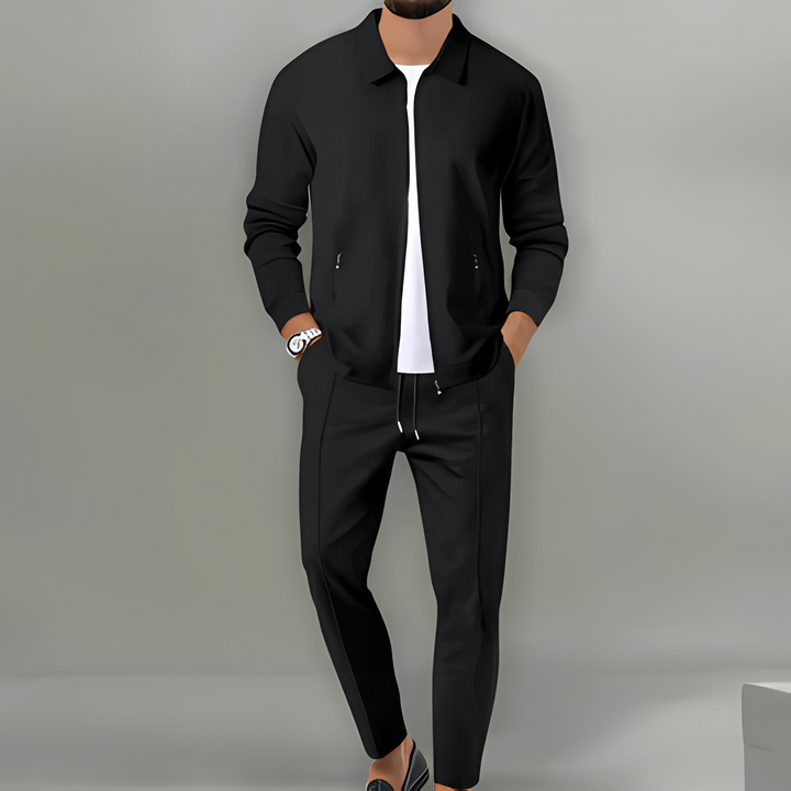 Versatile men's full zip jacket and tracksuit pants set. Great for gym, running, or relaxed casual wear.